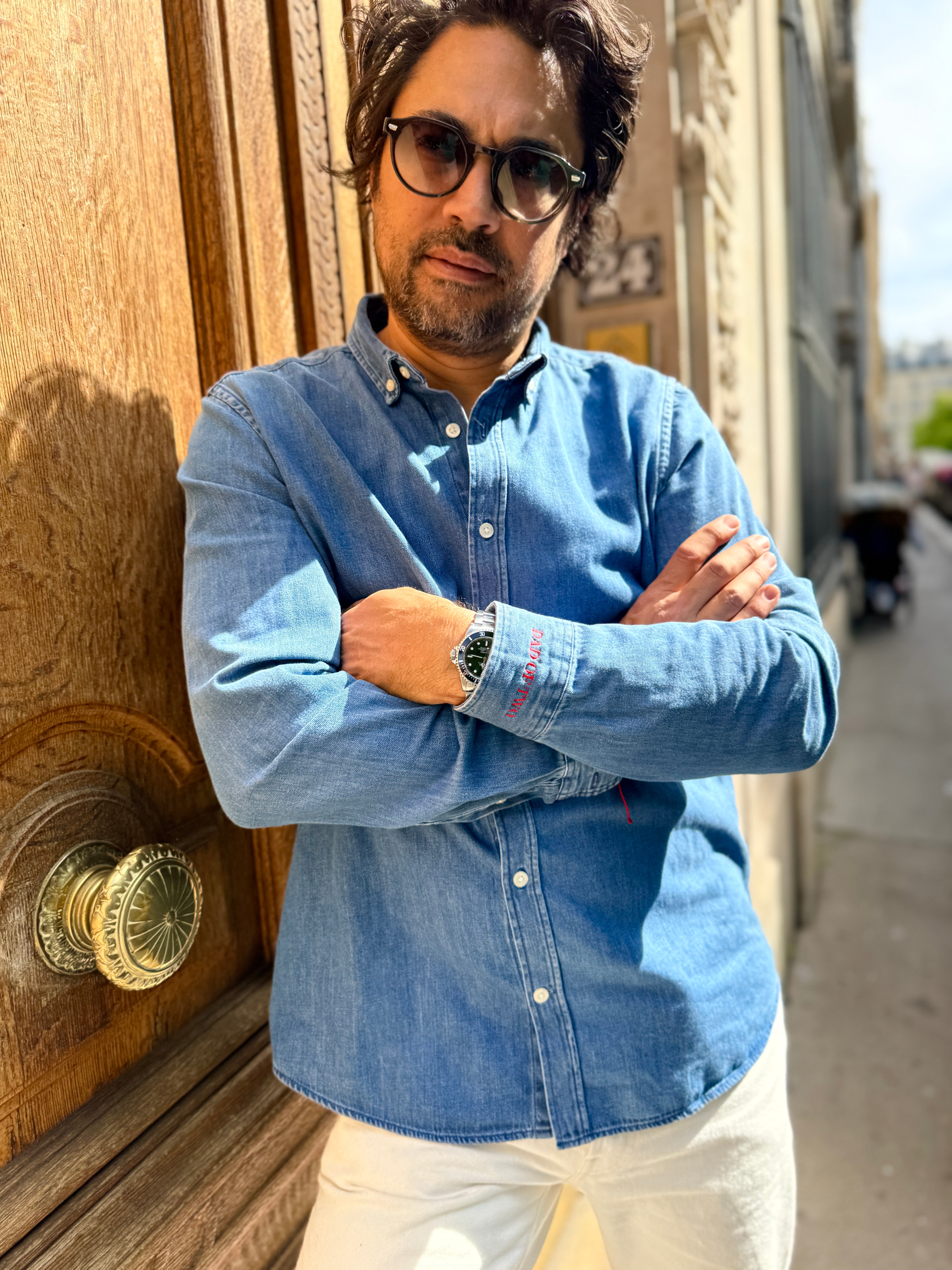 DAD OF RED EMBROIDERED DARK DENIM SHIRT