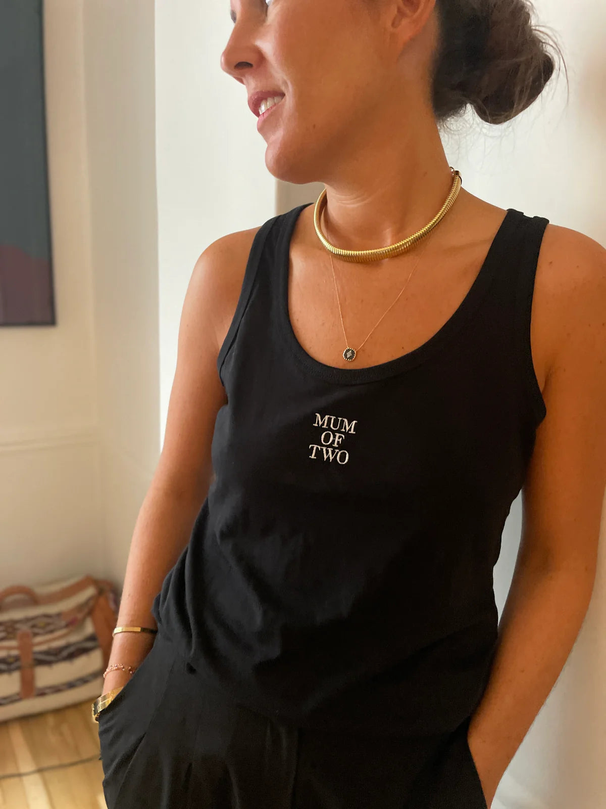 A BLACK EMBROIDERED MUM OF TWO TANK TOP