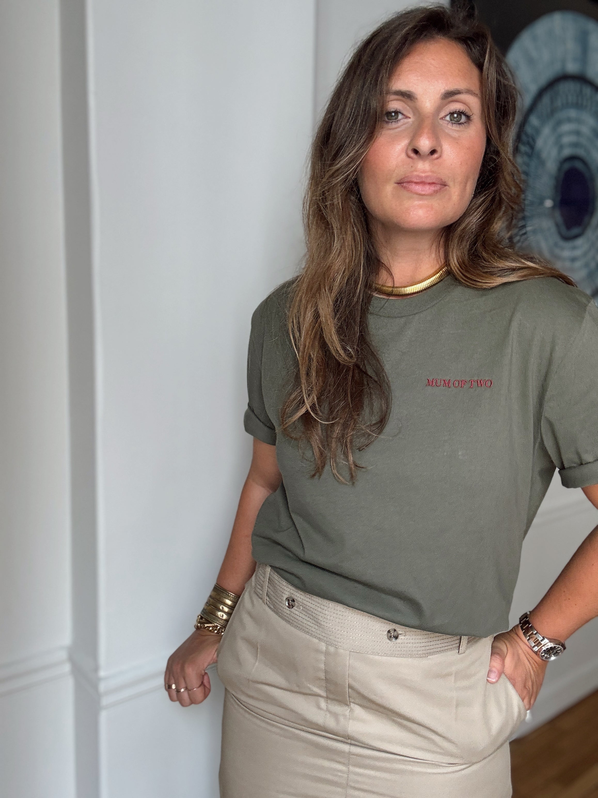 T-SHIRT KAKI Brodé MUM OF ONE, TWO, THREE...