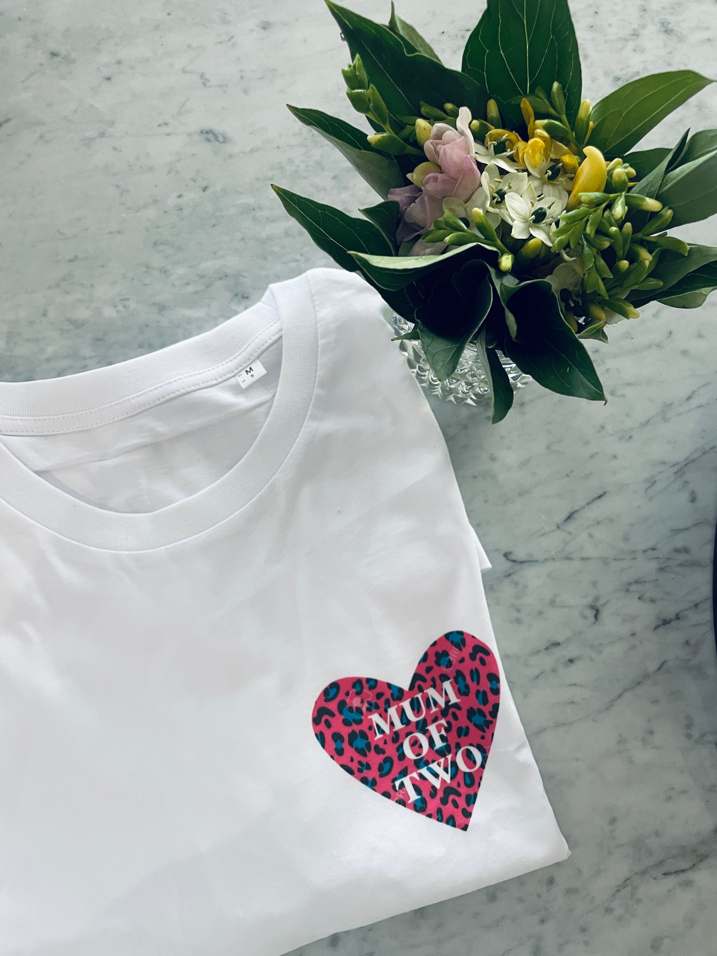 A T Shirt MUM OF TWO Heart Leopard