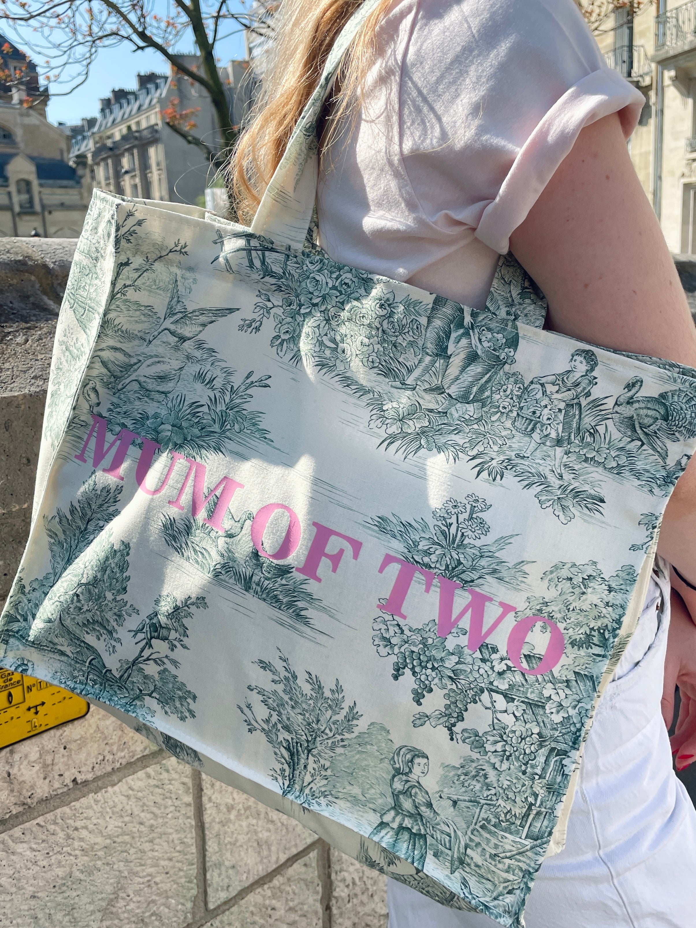 DAILY TOTE GREEN WITH PINK PRINT