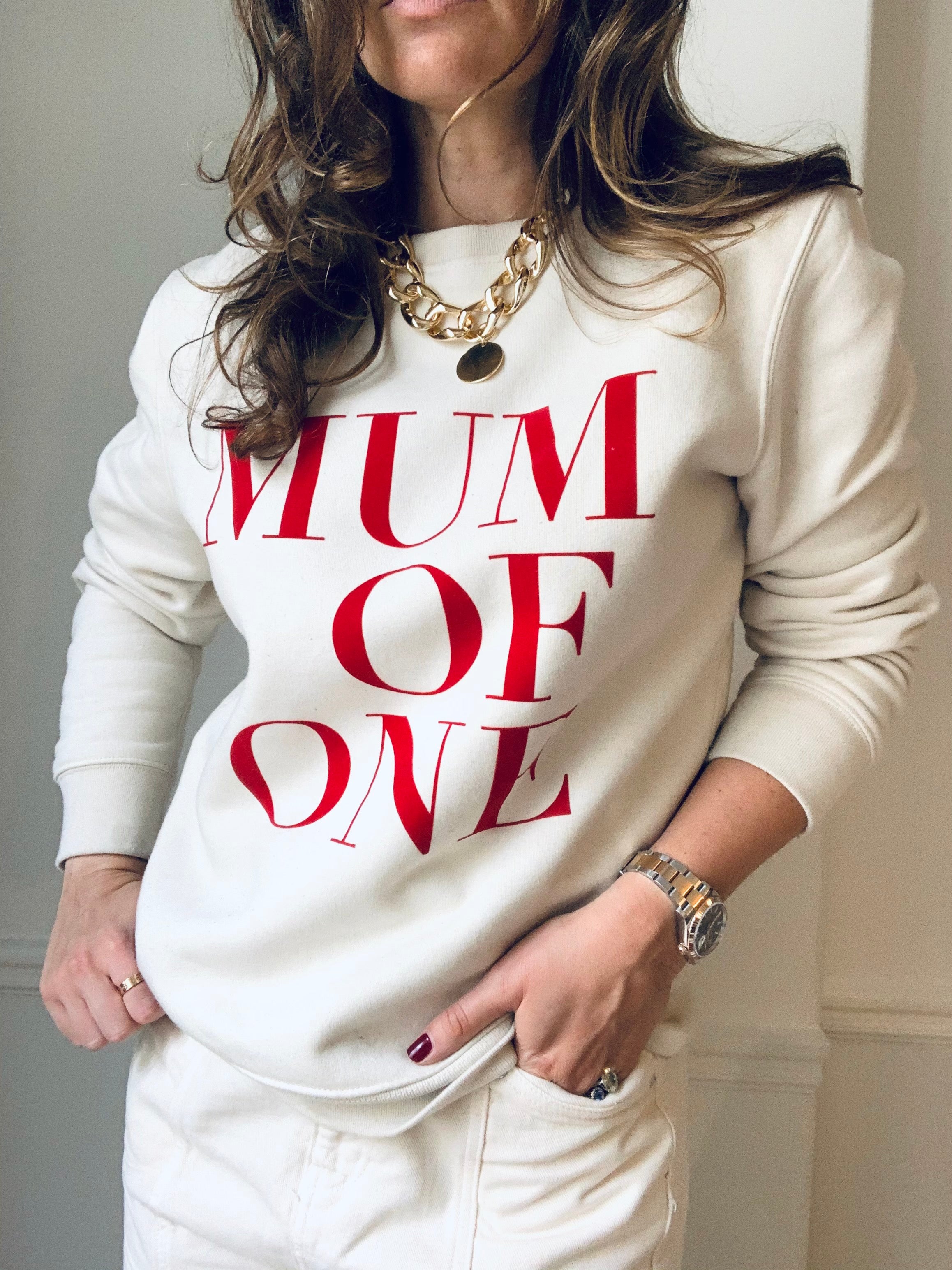 SWEAT-SHIRT IVOIRE VELOURS ROUGE MUM OF ONE, MUM OF TWO, THREE...