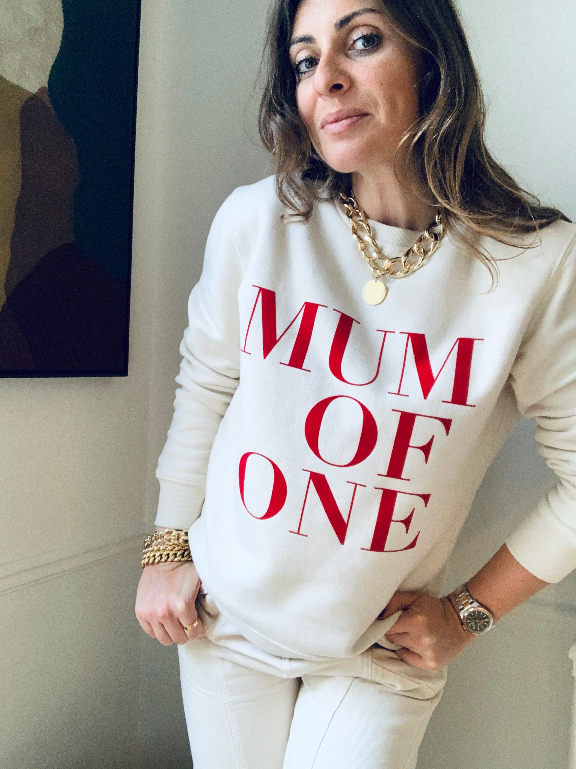 SWEAT-SHIRT IVOIRE VELOURS ROUGE MUM OF ONE, MUM OF TWO, THREE...