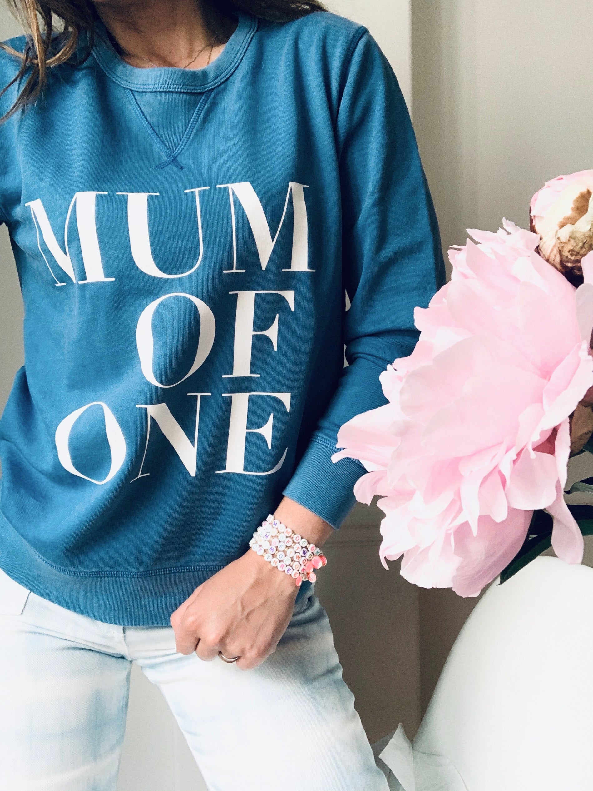 SWEAT SHIRT MUM OF ONE, MUM OF TWO, MUM OF THREE, FOUR....TWINS : BLEU VINTAGE