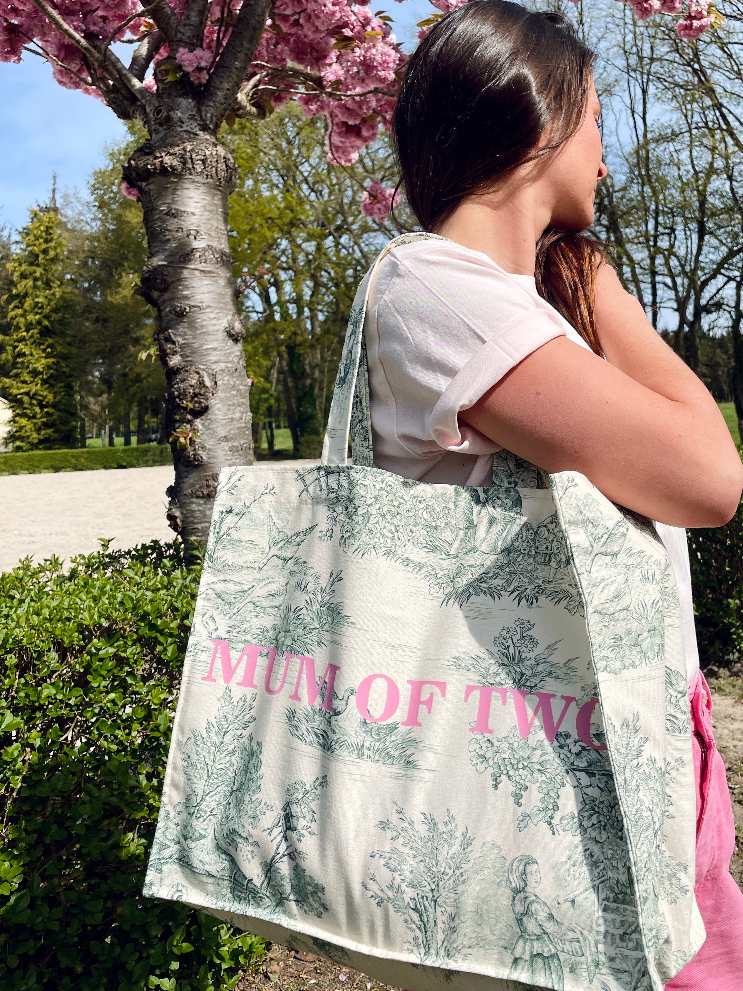 DAILY TOTE GREEN WITH PINK PRINT